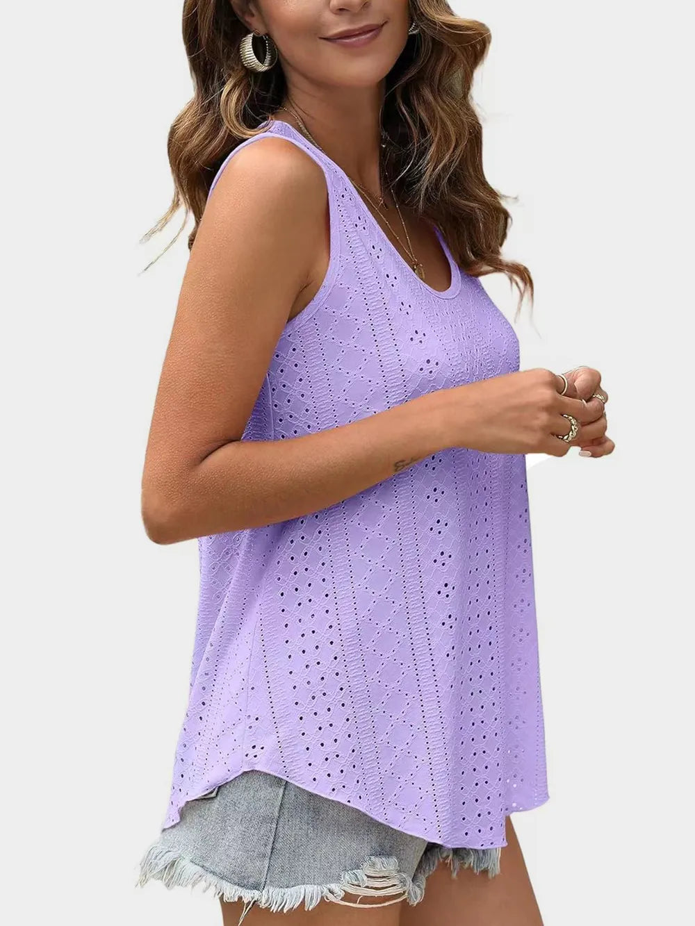 Florira Eyelet Round Neck Tank - Premium Tops from Trendsi - Just $18.22! Shop now at Handbags Specialist Headquarter
