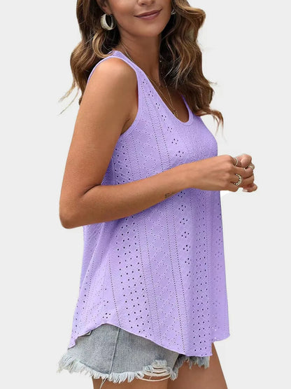 Florira Eyelet Round Neck Tank - Premium Tops from Trendsi - Just $18.22! Shop now at Handbags Specialist Headquarter