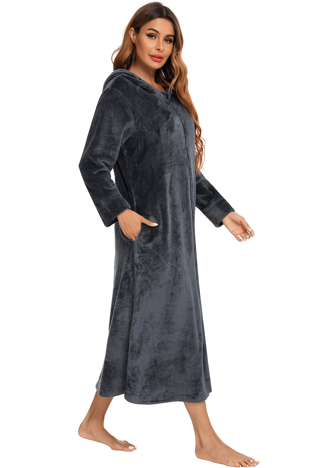 Zip Front Hooded Night Dress with Pockets - Premium Sleepwear from Trendsi - Just $60.99! Shop now at Handbags Specialist Headquarter