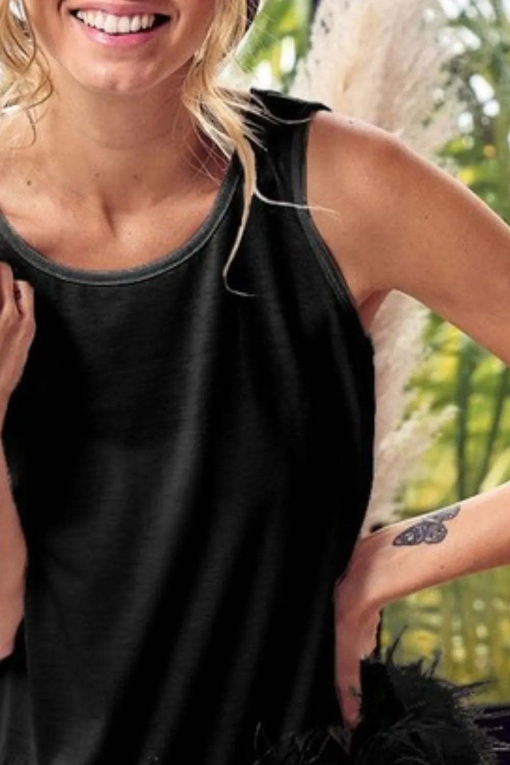 BiBi French Terry Faux Feather Bottom Back Tied Top - Premium Bottoms from Trendsi - Just $42.18! Shop now at Handbags Specialist Headquarter