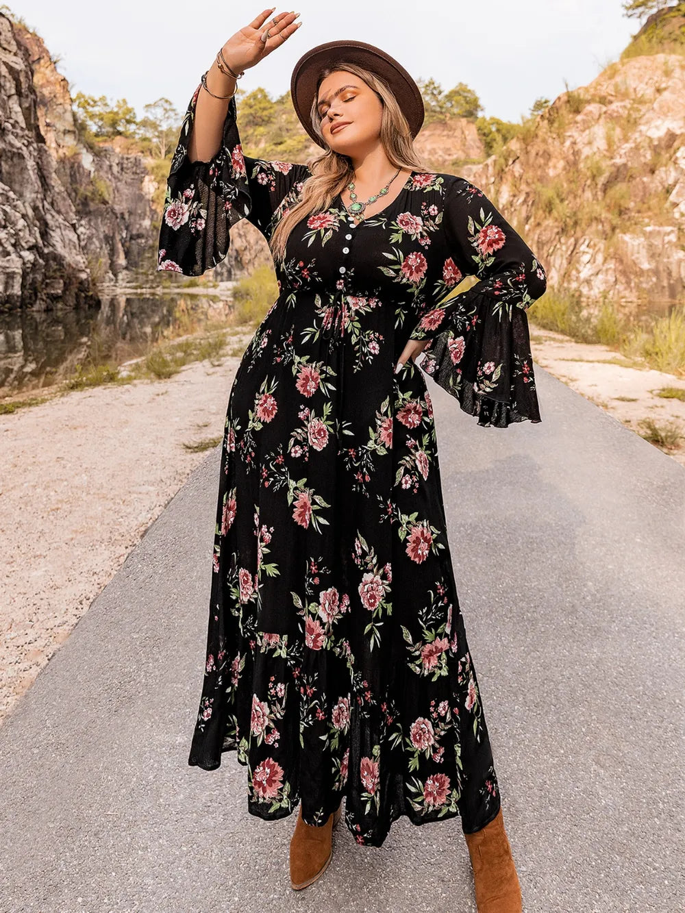 Plus Size Floral Flare Sleeve Dress - Premium Dresses from Trendsi - Just $53.99! Shop now at Handbags Specialist Headquarter