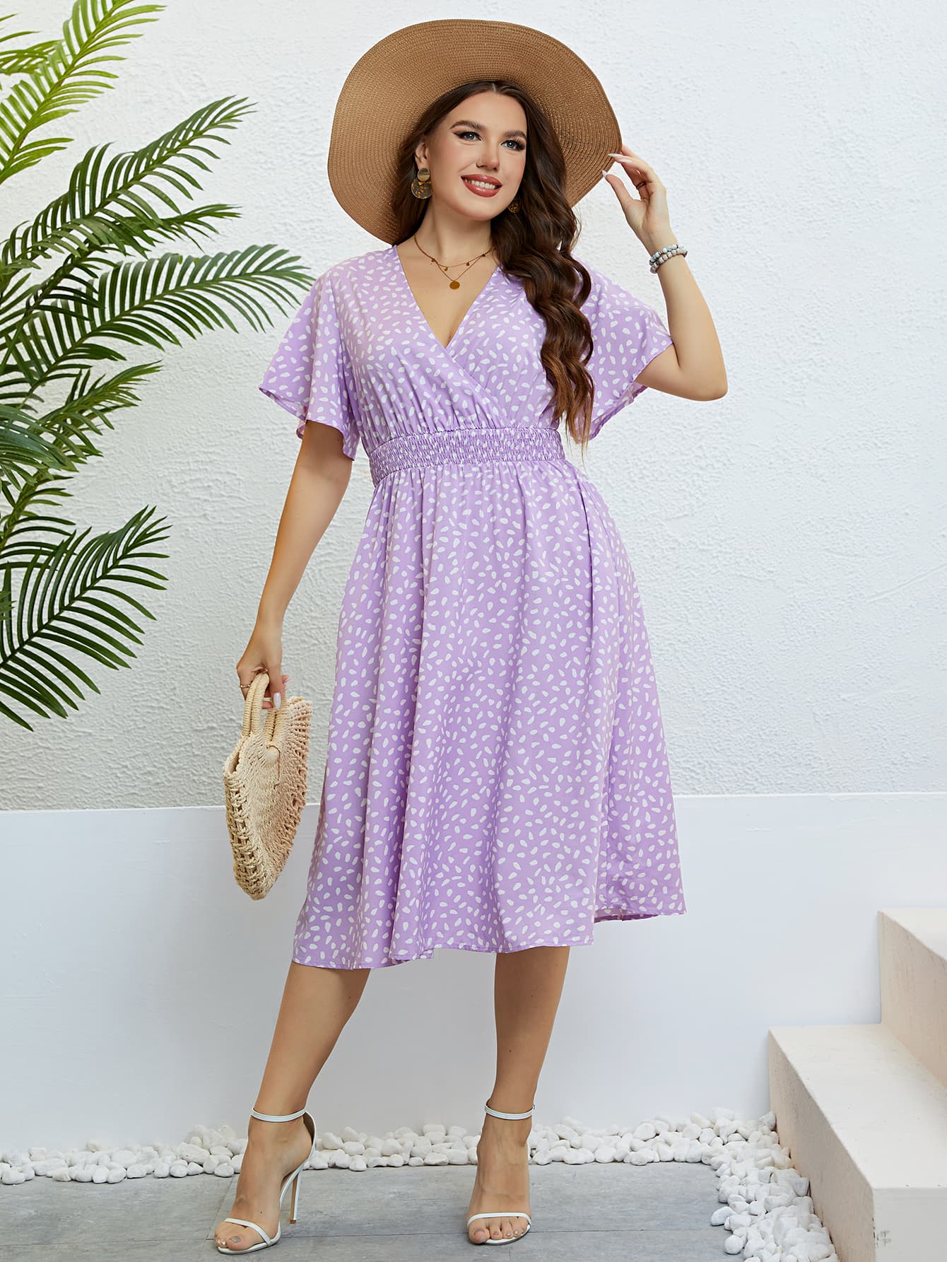 Honey Plus Size Printed Smocked Waist Surplice Dress - Premium Dresses from Trendsi - Just $32.99! Shop now at Handbags Specialist Headquarter