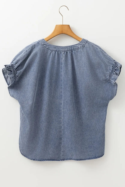 V Neck Ruffled Short Puff Sleeve Denim Top - Premium Women / Jeans & Denim from Trendsi - Just $39.06! Shop now at Handbags Specialist Headquarter