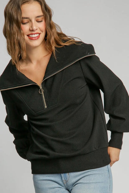 Umgee Full Size Ribbed Knit Half Zipper Sweatshirt Plus Size - Premium Dresses from Trendsi - Just $53.99! Shop now at Handbags Specialist Headquarter