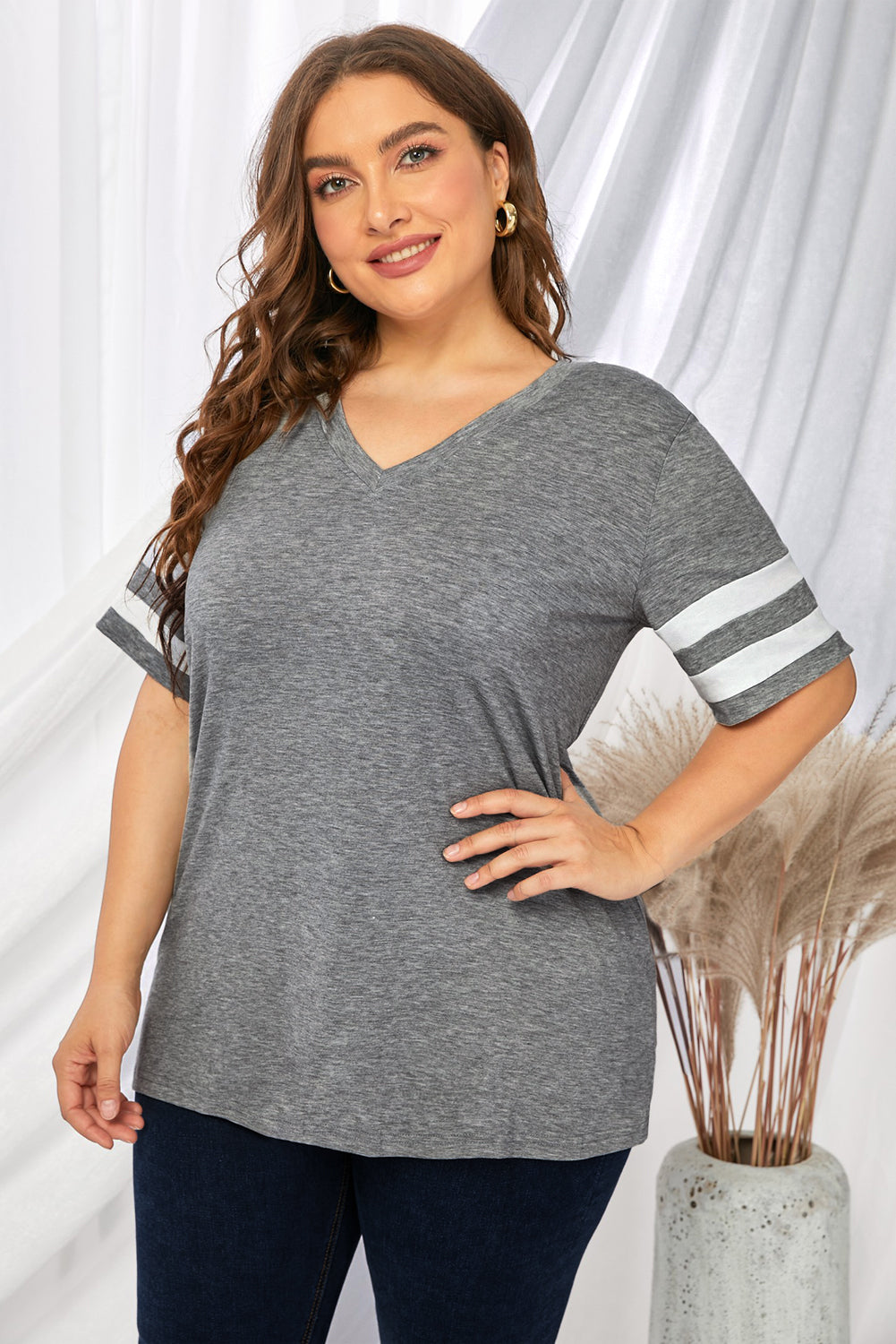 Plus Size Striped V-Neck Tee Shirt - Premium Plus Size Shirts from Trendsi - Just $26! Shop now at Handbags Specialist Headquarter