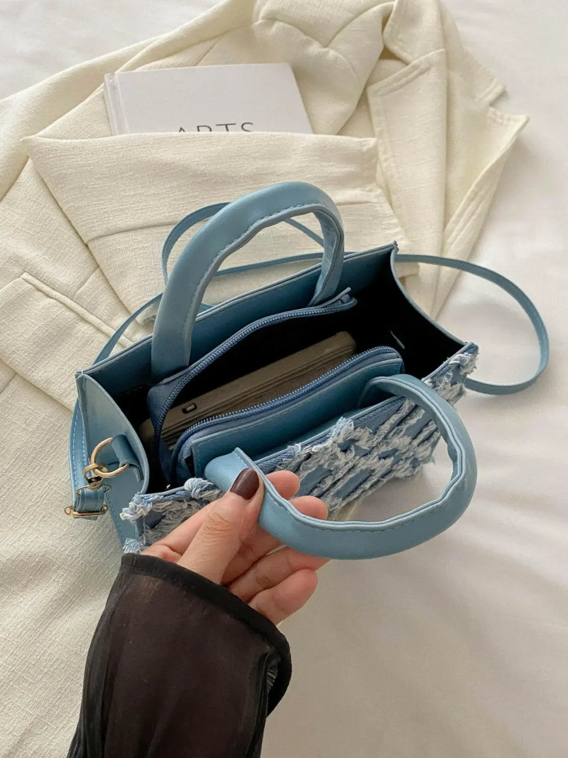 Raw Hem Denim PU Leather Handbag.