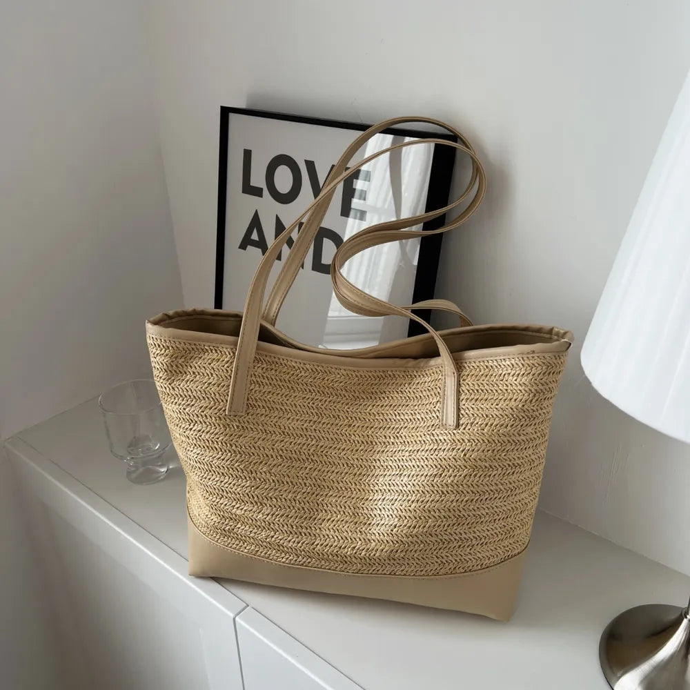 Straw Weave Leather Strap Tote Bag - Premium Tote Bag from Trendsi - Just $39.99! Shop now at Handbags Specialist Headquarter