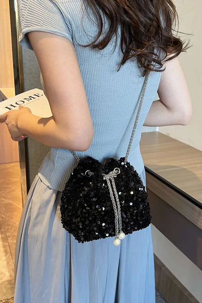 Sequin Chain Drawstring Bucket Bag - Premium Crossbody Bag from Trendsi - Just $21.99! Shop now at Handbags Specialist Headquarter
