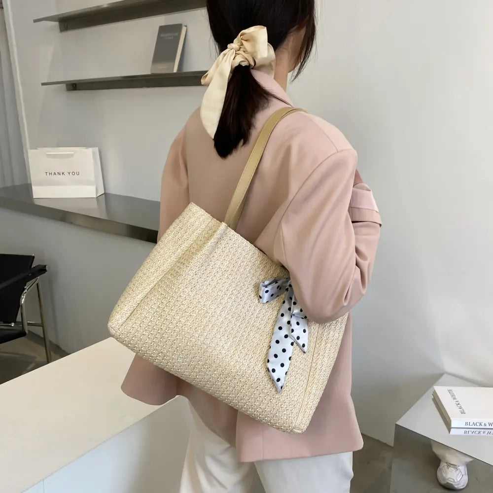 Straw Woven Leather Strap Handbag - Premium Handbags from Trendsi - Just $24.99! Shop now at Handbags Specialist Headquarter