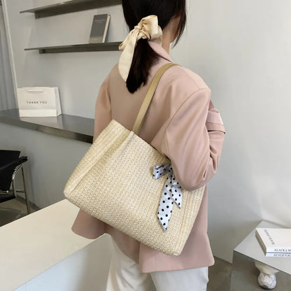 Straw Woven Leather Strap Handbag - Premium Handbags from Trendsi - Just $24.99! Shop now at Handbags Specialist Headquarter