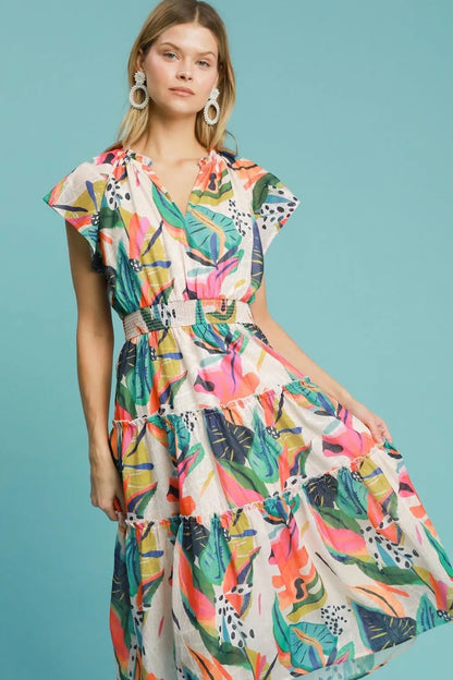 Umgee Full Size Leaf Print Cap Sleeve Tiered Midi Dress Plus Size - Premium Dresses from Trendsi - Just $58.99! Shop now at Handbags Specialist Headquarter