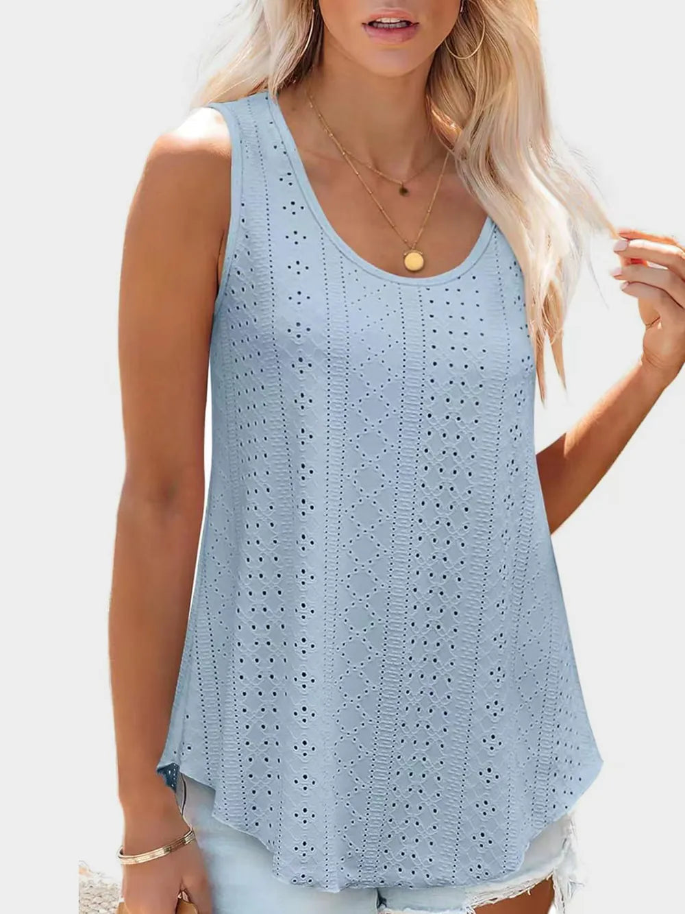 Florira Eyelet Round Neck Tank - Premium Tops from Trendsi - Just $18.22! Shop now at Handbags Specialist Headquarter