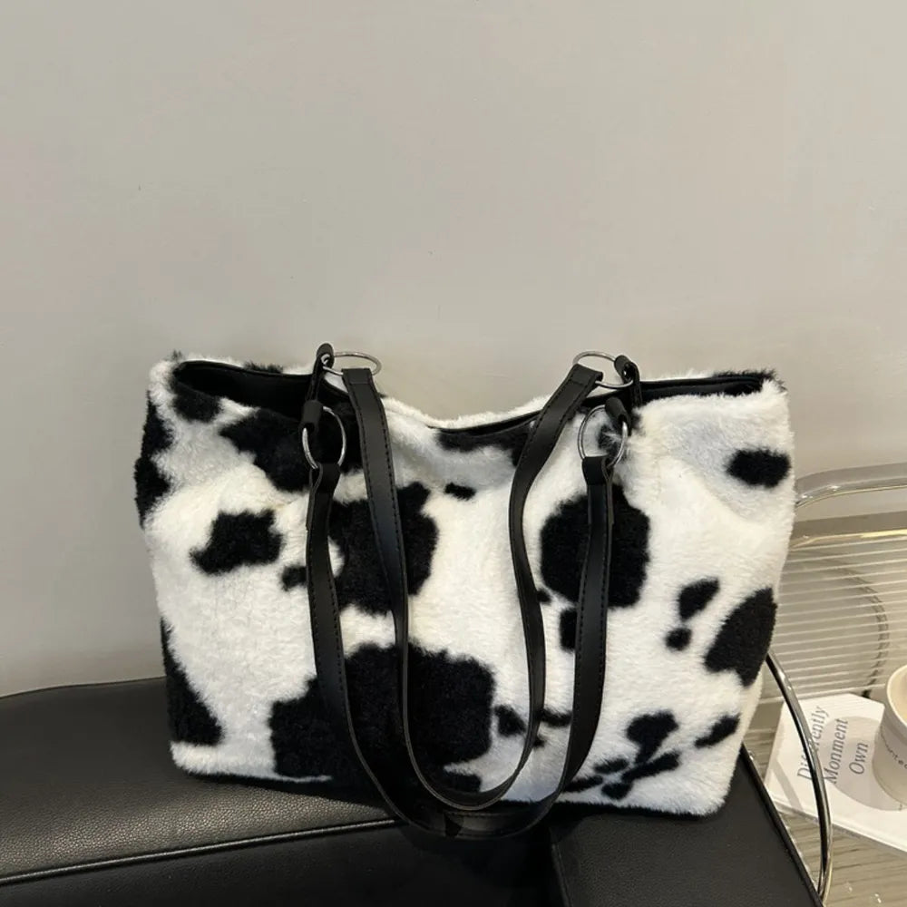 Cow Print Furry Tote Bag - Premium Tote Bag from Trendsi - Just $39.99! Shop now at Handbags Specialist Headquarter