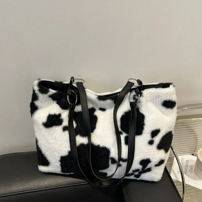 Cow Print Furry Tote Bag - Premium Tote Bag from Trendsi - Just $39.99! Shop now at Handbags Specialist Headquarter
