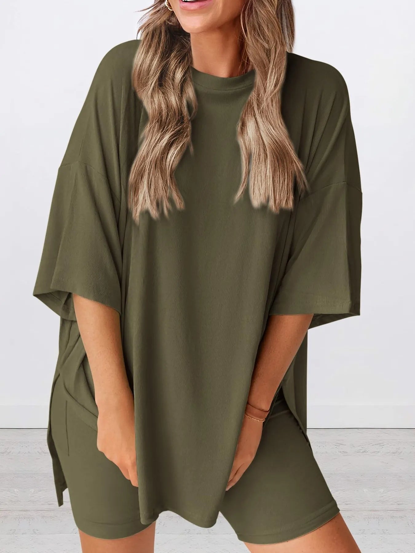 Full Size Oversized Slit Round Neck Top and Shorts Lounge Set Plus Size - Premium Sleepwear from Trendsi - Just $28.99! Shop now at Handbags Specialist Headquarter