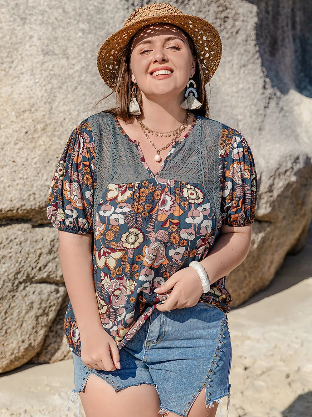 Plus Size Printed Notched Half Sleeve Blouse - Premium Plus Size Shirts from Trendsi - Just $23.26! Shop now at Handbags Specialist Headquarter