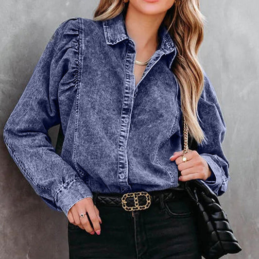 Collared Neck Buttoned Denim Shirt - Premium Women / Jeans & Denim from Trendsi - Just $34! Shop now at Handbags Specialist Headquarter