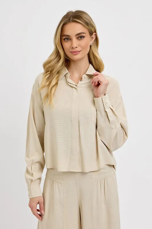 RISEN Button Down Long Sleeve Shirt - Premium Women's Down Shirt Tops from Trendsi - Just $45.72! Shop now at Handbags Specialist Headquarter