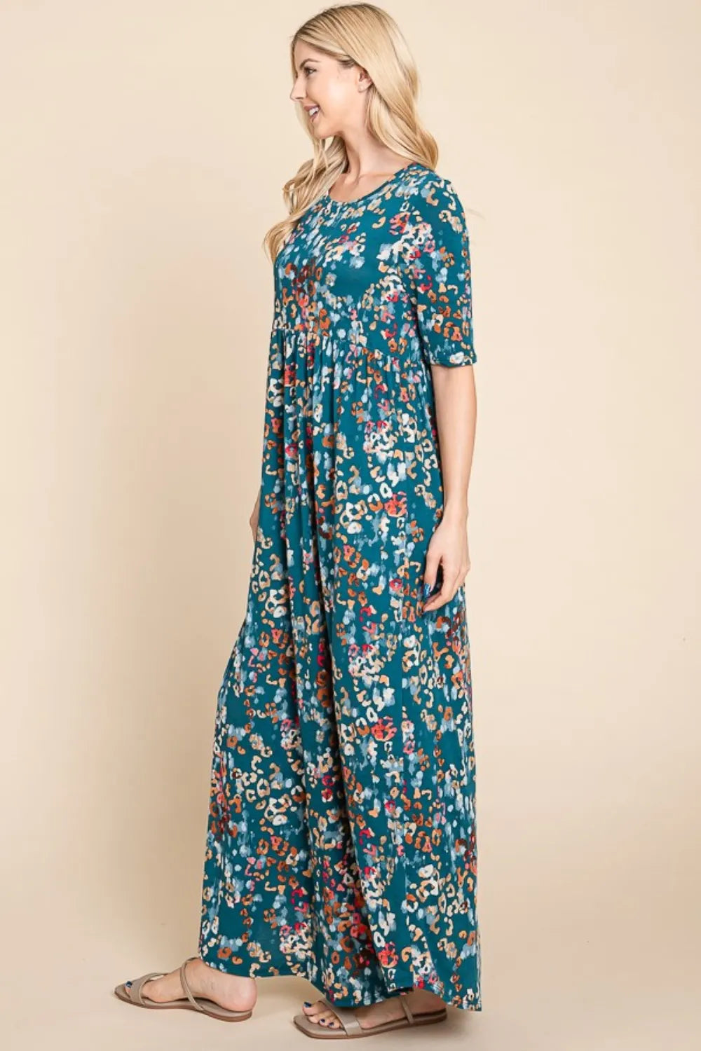 BOMBOM Printed Shirred Maxi Dress - Premium Maxi Dress from Trendsi - Just $51.99! Shop now at Handbags Specialist Headquarter