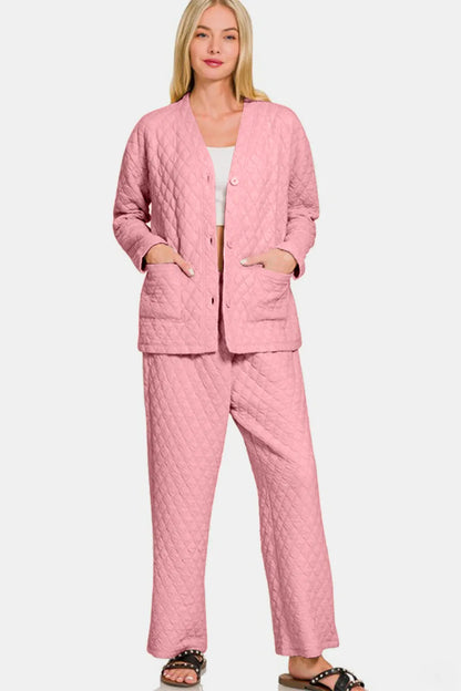 Zenana Quilted Button Up Long Sleeve Top and Pants Lounge Set - Premium Sleepwear from Trendsi - Just $46.99! Shop now at Handbags Specialist Headquarter