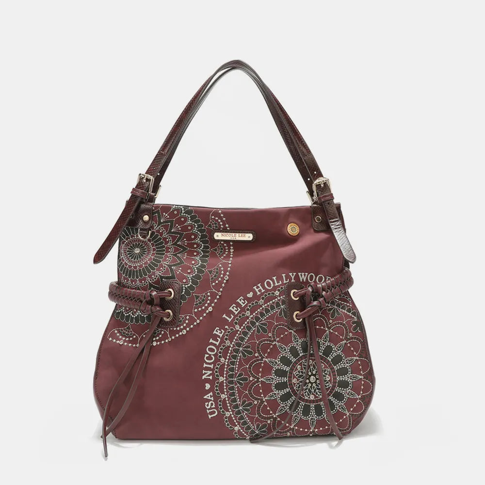 Nicole Lee USA Side Braided Tassel Inlaid Rhinestone Embroidery Hobo Bag - Premium Tote Bag from Trendsi - Just $70.99! Shop now at Handbags Specialist Headquarter