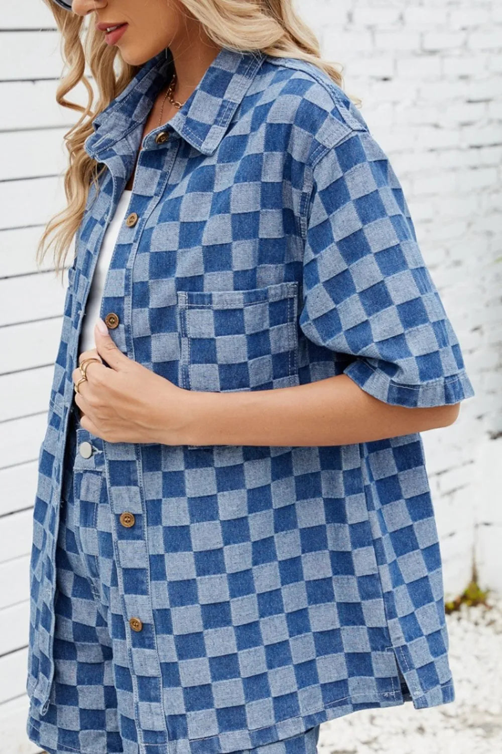 Button Down Checkered Denim Shirt - Premium Women / Jeans & Denim from Trendsi - Just $36! Shop now at Handbags Specialist Headquarter