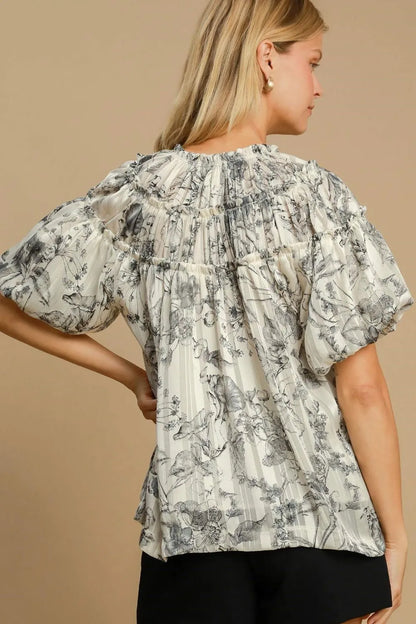 Umgee Full Size Floral Print Metallic Ruffle Blouse Plus Size - Premium Dresses from Trendsi - Just $48.99! Shop now at Handbags Specialist Headquarter