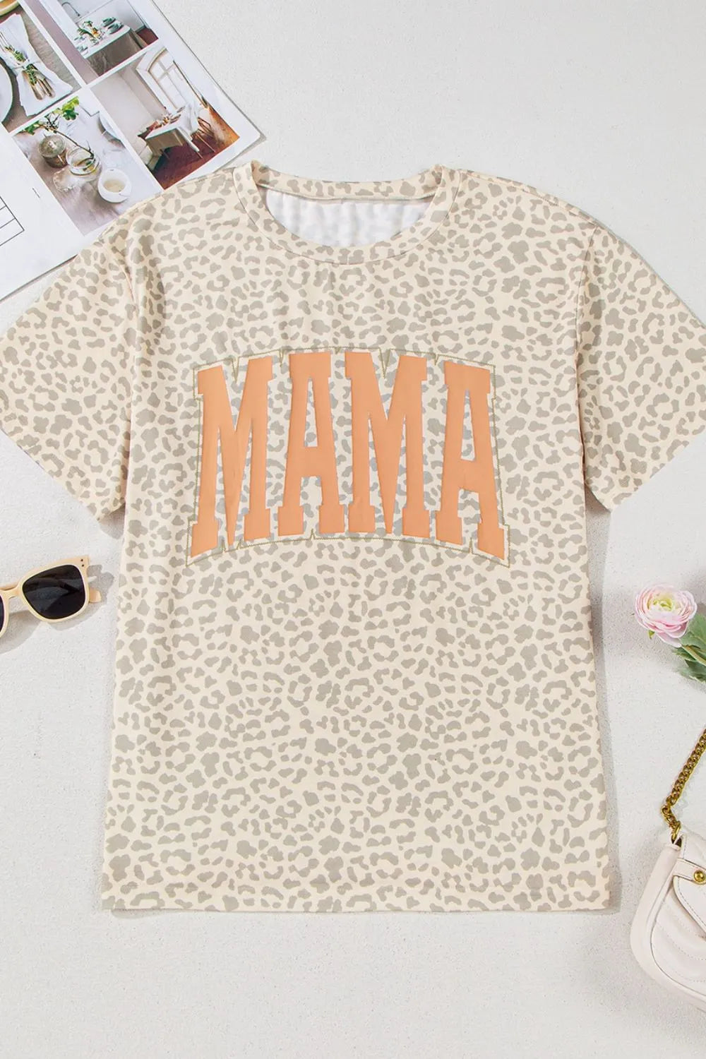 MAMA Letter Graphic Leopard Round Neck T-Shirt - Premium Tops from Trendsi - Just $23.28! Shop now at Handbags Specialist Headquarter