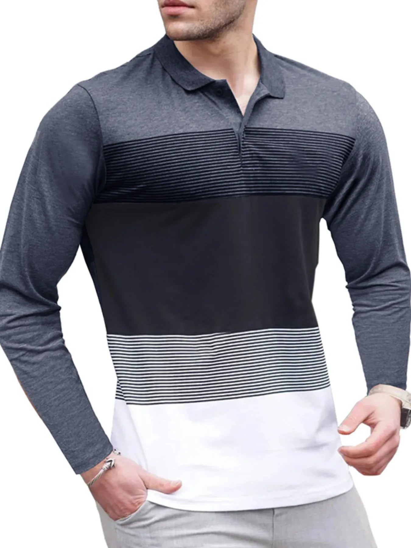 Men's Color Block Striped Long Sleeve Polo Shirt - Premium Men's Polo shirt from Trendsi - Just $39.99! Shop now at Handbags Specialist Headquarter