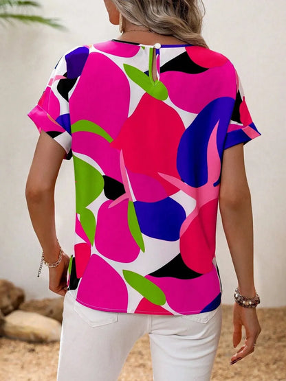 Contrast Round Neck Short Sleeve Blouse - Premium Tops from Trendsi - Just $23.06! Shop now at Handbags Specialist Headquarter