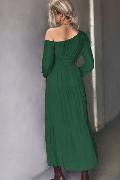 Belted One-Shoulder Tiered Maxi Dress - Premium Maxi Dress from Trendsi - Just $33.99! Shop now at Handbags Specialist Headquarter