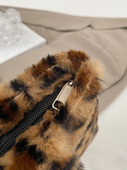 Leopard Fluff Handbag with Zip - Premium handbags from Trendsi - Just $14.99! Shop now at Handbags Specialist Headquarter