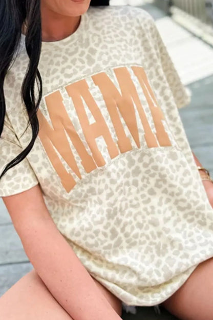 MAMA Letter Graphic Leopard Round Neck T-Shirt - Premium Tops from Trendsi - Just $23.28! Shop now at Handbags Specialist Headquarter