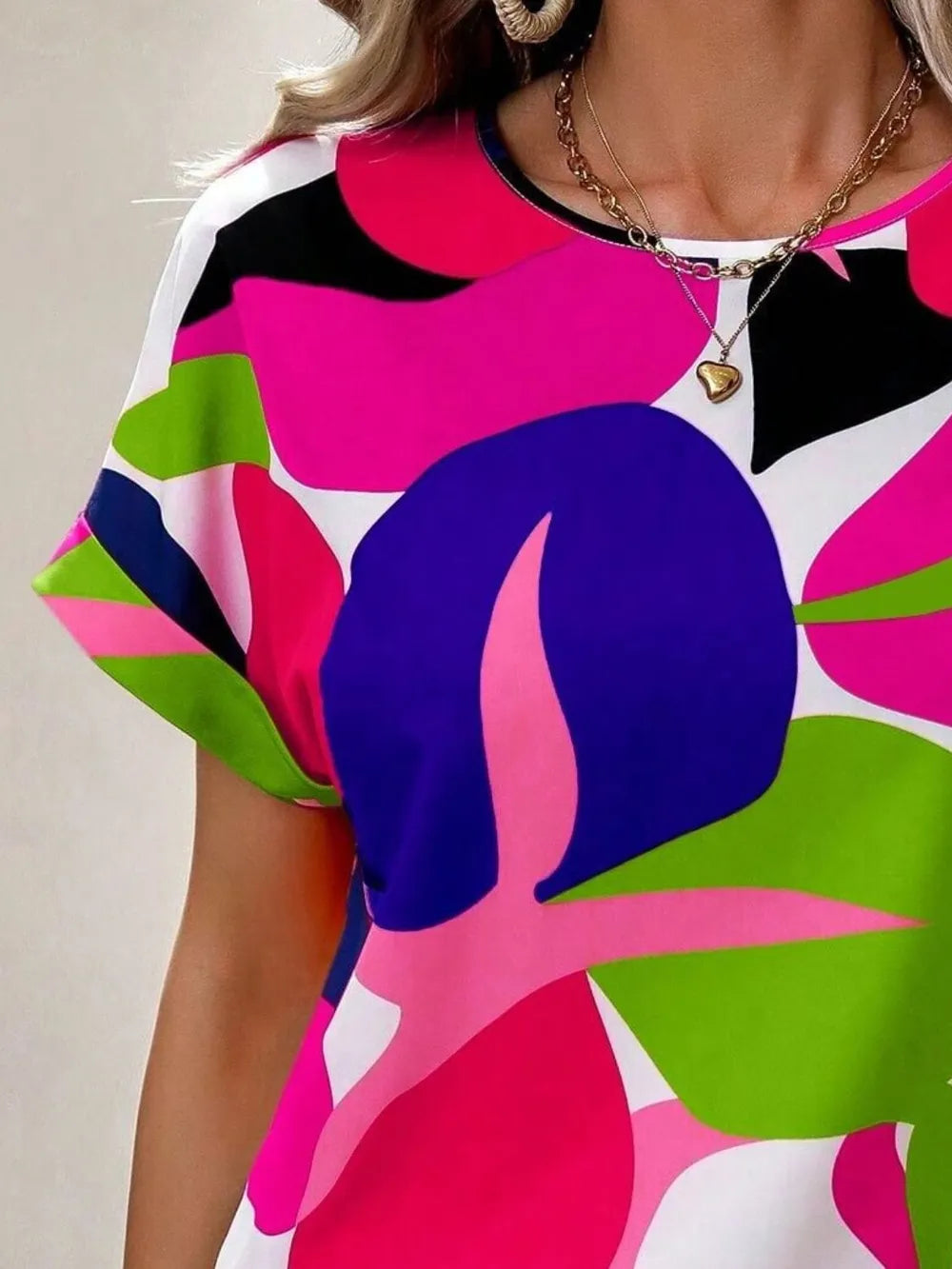 Contrast Round Neck Short Sleeve Blouse - Premium Tops from Trendsi - Just $23.06! Shop now at Handbags Specialist Headquarter