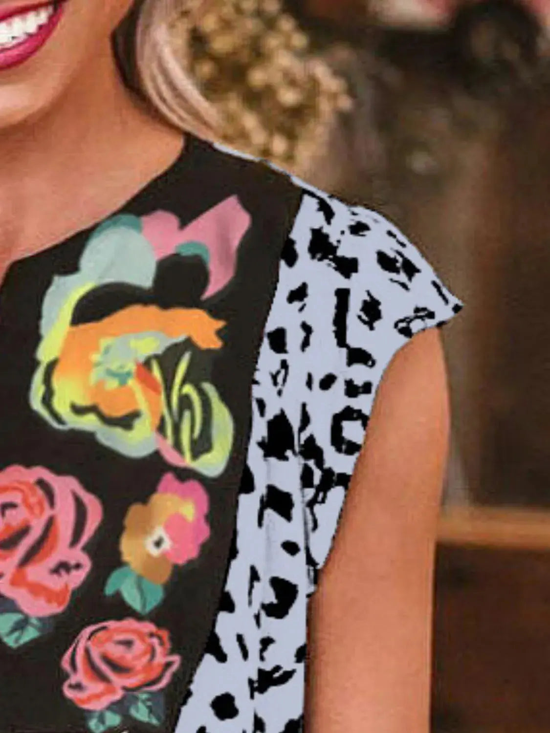 Full Size Leopard Floral Notched Cap Sleeve Blouse Plus Size.