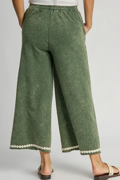 Umgee Full Size Peace Lace Applique Mineral Wash Wide Leg Pants Plus Size - Premium Dresses from Trendsi - Just $53.99! Shop now at Handbags Specialist Headquarter