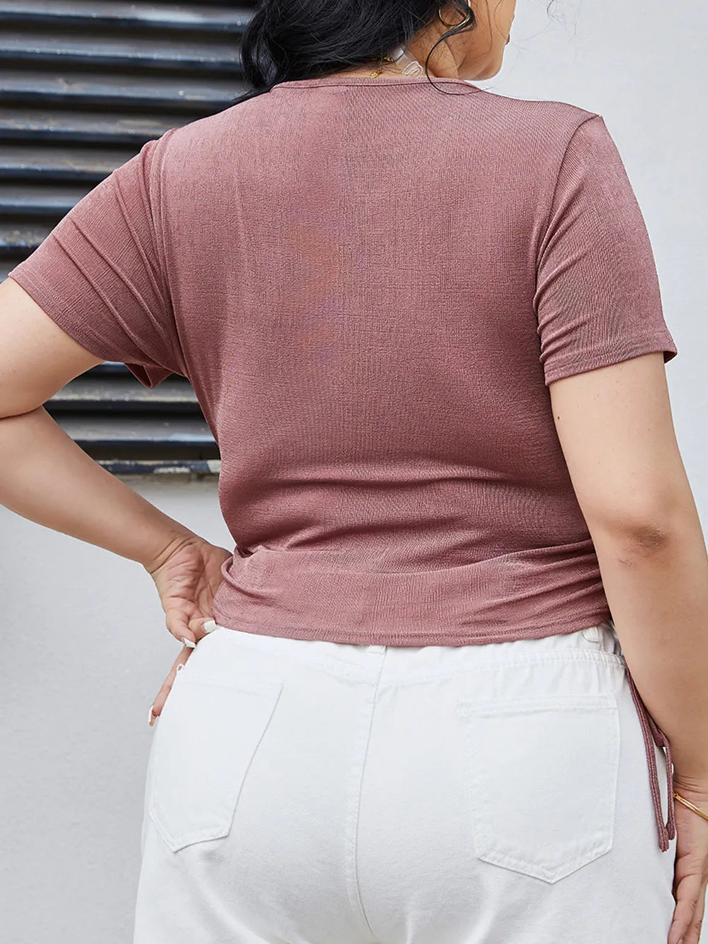 Plus Size Ruched Tied Surplice Blouse - Premium Plus Size Shirts from Trendsi - Just $23! Shop now at Handbags Specialist Headquarter