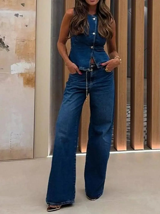Button Down Vest and Flare Jeans Denim Set - Premium Women / Jeans & Denim from Trendsi - Just $71.50! Shop now at Handbags Specialist Headquarter