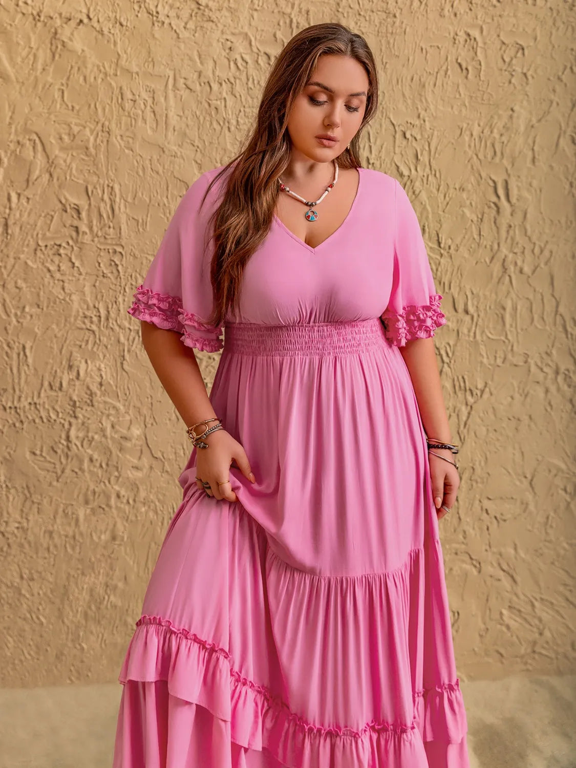 Plus Size V-Neck Half Sleeve Maxi Dress - Premium Dresses from Trendsi - Just $48.99! Shop now at Handbags Specialist Headquarter