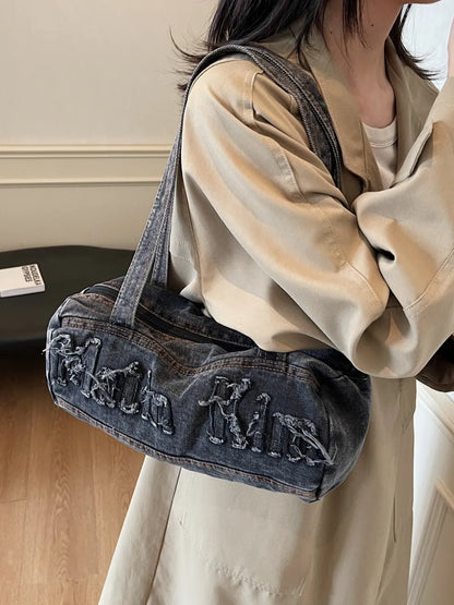 Letter Raw Edge Denim Handbag - Premium Tote Bag from Trendsi - Just $33.99! Shop now at Handbags Specialist Headquarter