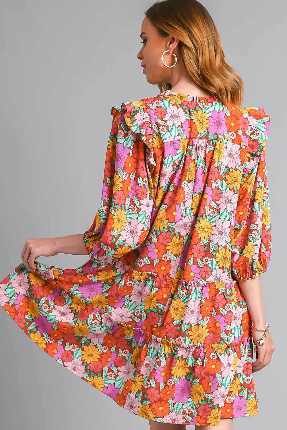 Umgee Full Size Ruffled Flower Print Tie Neck Tiered Dress Plus Size.