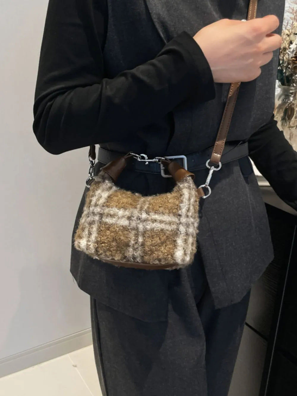 Fuzzy Polyester Mini Handbag with Zipper - Premium Tote Bag from Trendsi - Just $39.99! Shop now at Handbags Specialist Headquarter