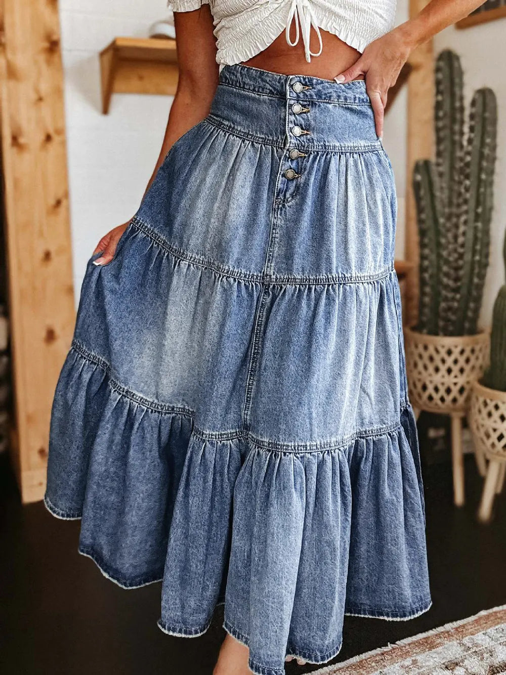 Tiered Button-Fly Denim Skirt - Premium Skirts from Trendsi - Just $52.99! Shop now at Handbags Specialist Headquarter