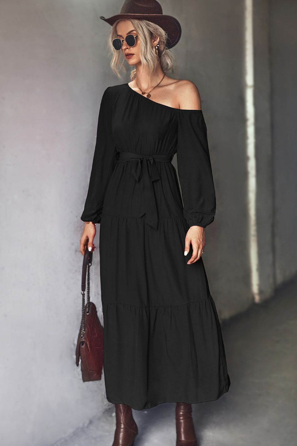 Belted One-Shoulder Tiered Maxi Dress - Premium Maxi Dress from Trendsi - Just $33.99! Shop now at Handbags Specialist Headquarter
