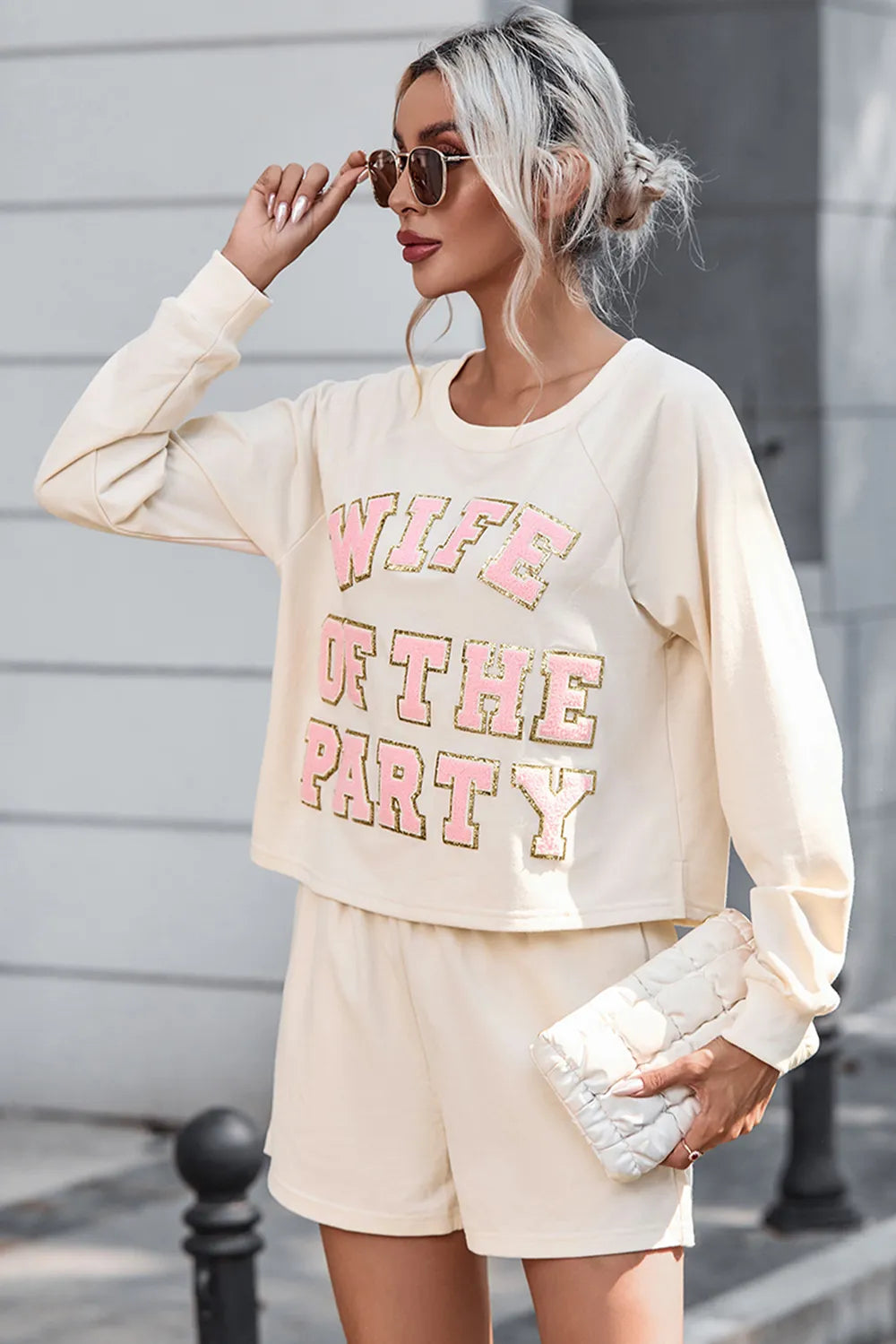 WIFE OF THE PARTY Round Neck Top and Shorts Set - Premium Sleepwear from Trendsi - Just $55.99! Shop now at Handbags Specialist Headquarter