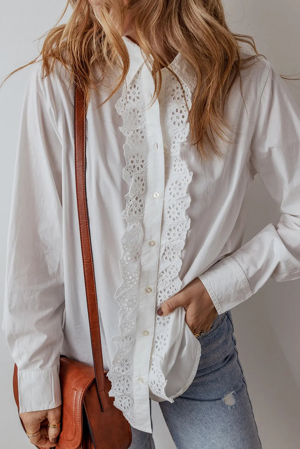 Eyelet Button Down Long Sleeve Shirt - Premium Women's Down Shirt Tops from Trendsi - Just $45.84! Shop now at Handbags Specialist Headquarter