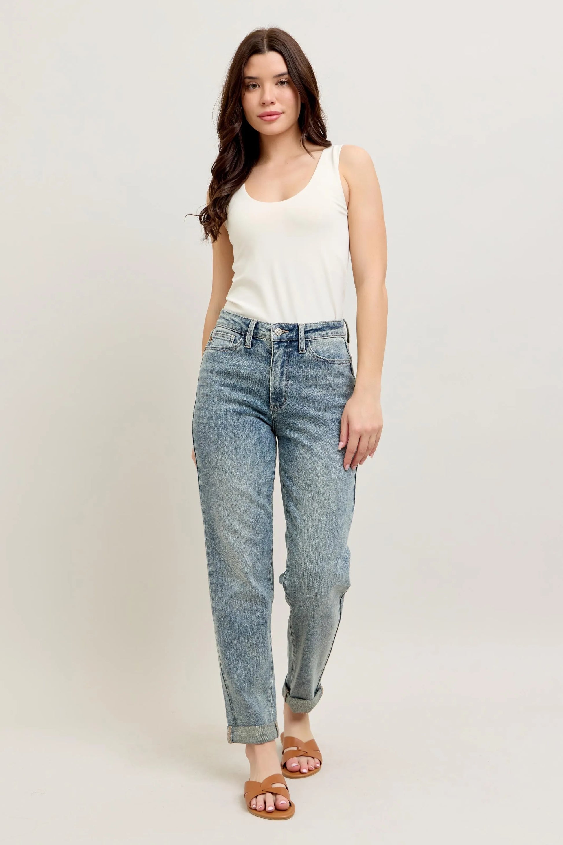 Judy Blue Full Size Hw Vintage Wash Double Roll Cuff Bf Jeans Plus Size - Premium Women / Jeans & Denim from Trendsi - Just $65.99! Shop now at Handbags Specialist Headquarter