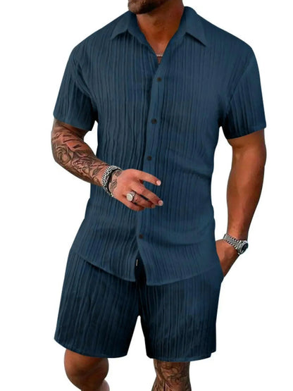 Men's Full Size Button Down Short Sleeve Shirt and Shorts Set Plus Size.