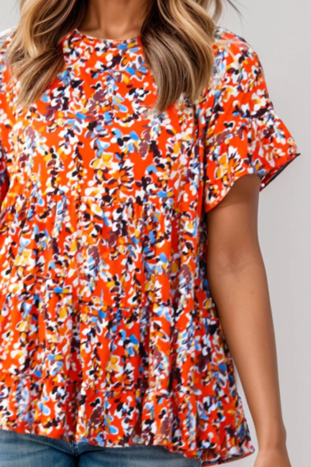 Plus Size Floral Round Neck Tiered Blouse - Premium Plus Size Shirts from Trendsi - Just $28! Shop now at Handbags Specialist Headquarter