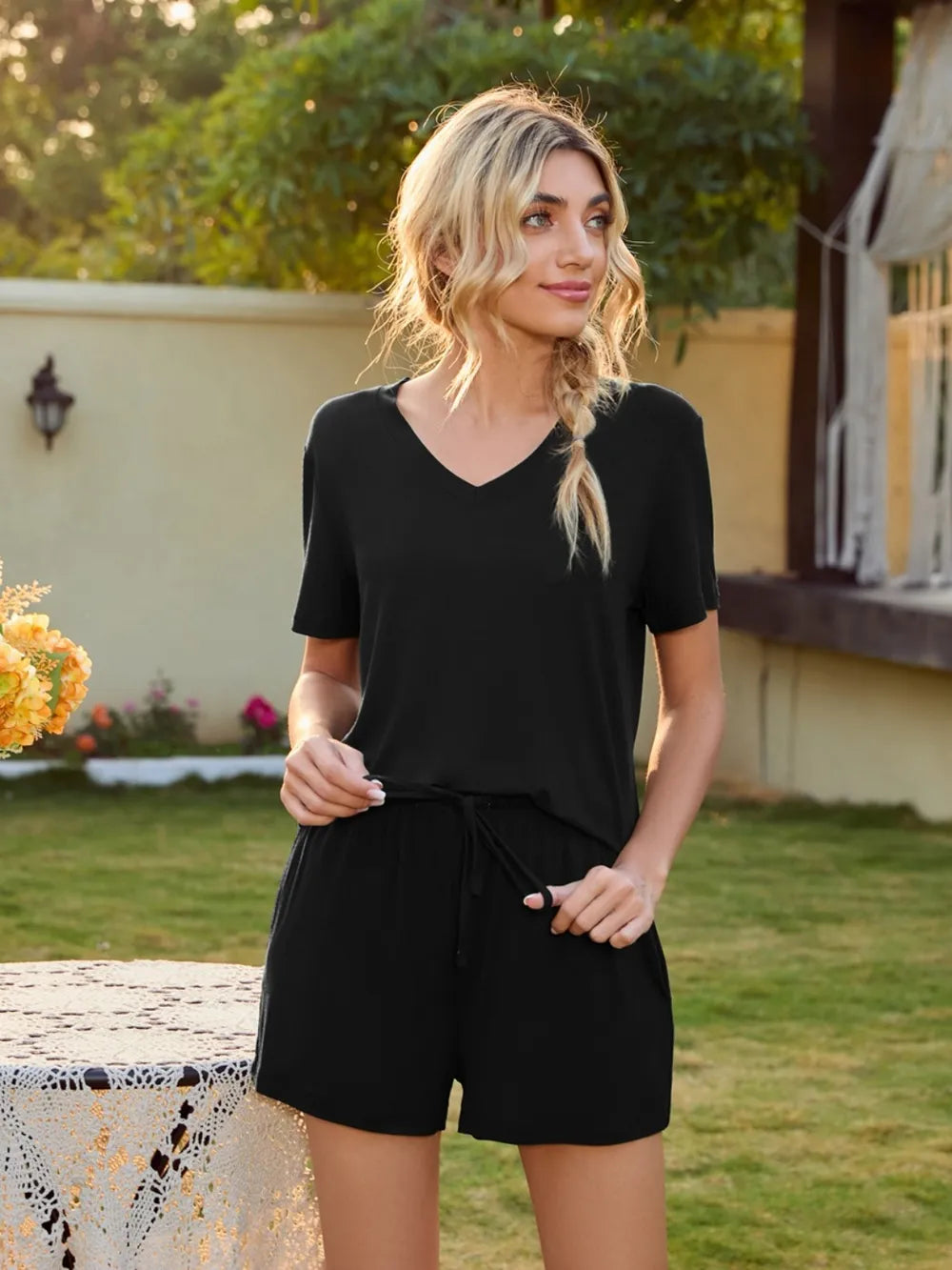 V-Neck Short Sleeve Top and Pocketed Shorts Lounge Set - Premium sleepwear from Trendsi - Just $31.99! Shop now at Handbags Specialist Headquarter